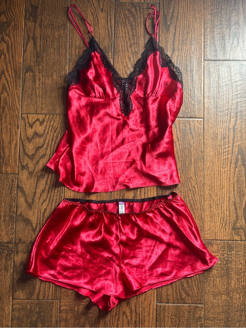 Red Satin Camisole & Shorts Sleep Set with Black Lace Trim